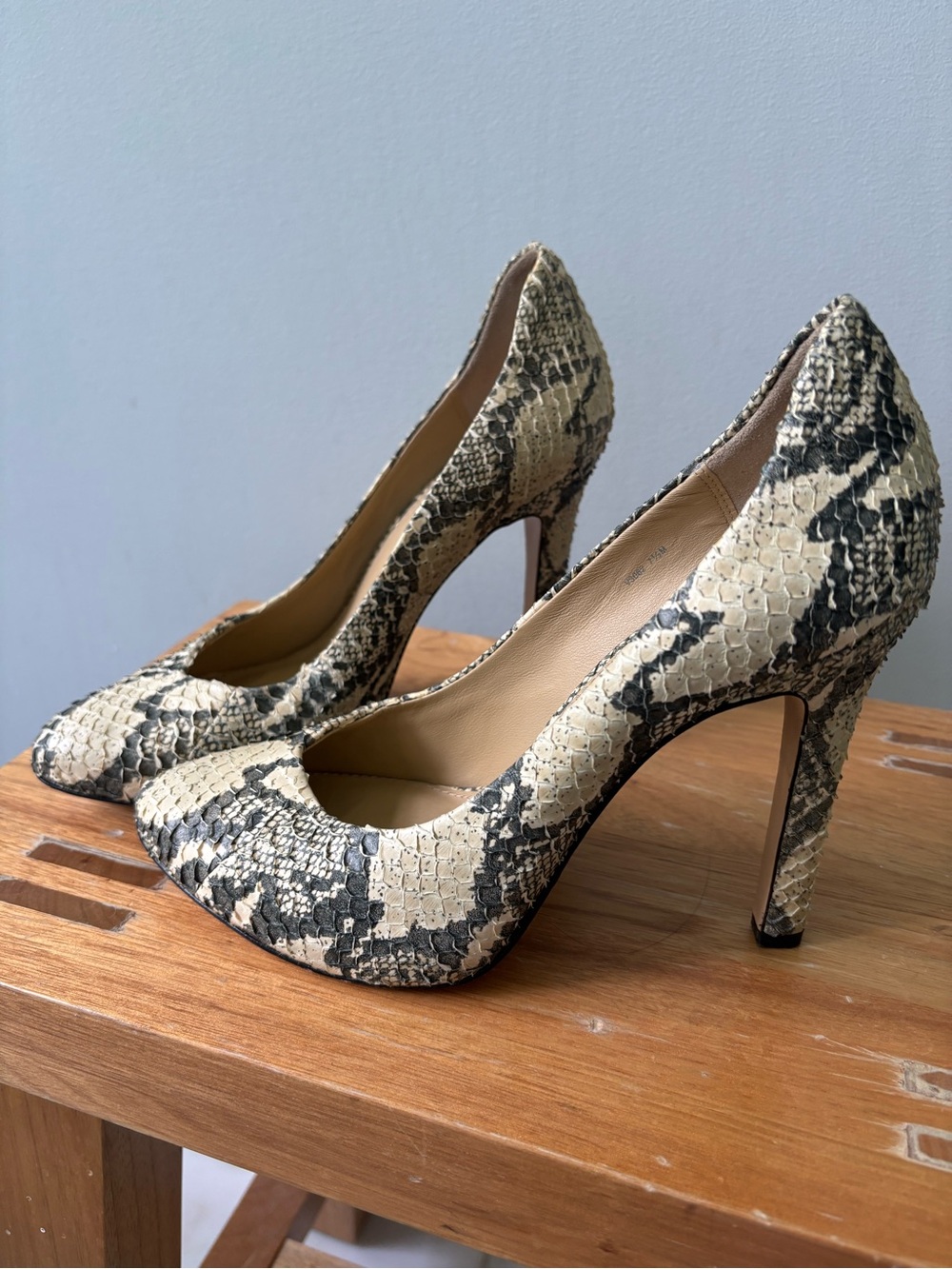 Rachel Zoe Snake-Print Pointed Pumps in Beige and Grey
